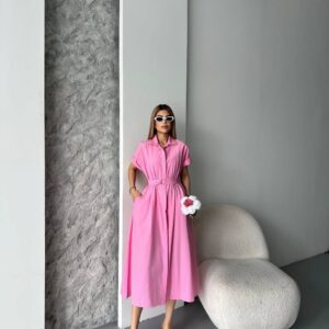 Robe Chemise Midi Rose - Élégance Moderne et Sophistiquée
