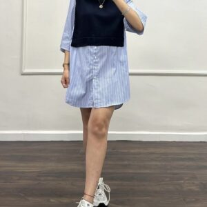 Striped Shirt Dress with Knit Vest Detail