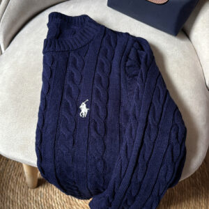 Cable Knit Polo Sweater – Navy Blue