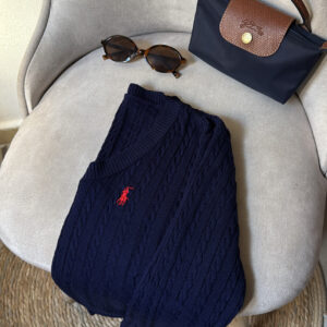Cable-Knit V-Neck Sweater – Navy