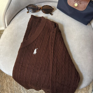 Cable-Knit V-Neck Sweater – Chocolate Brown