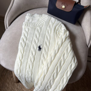 Cable Knit Polo Sweater – White