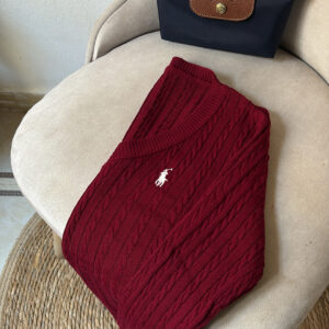 Classic Cable Knit Polo V – Burgundy