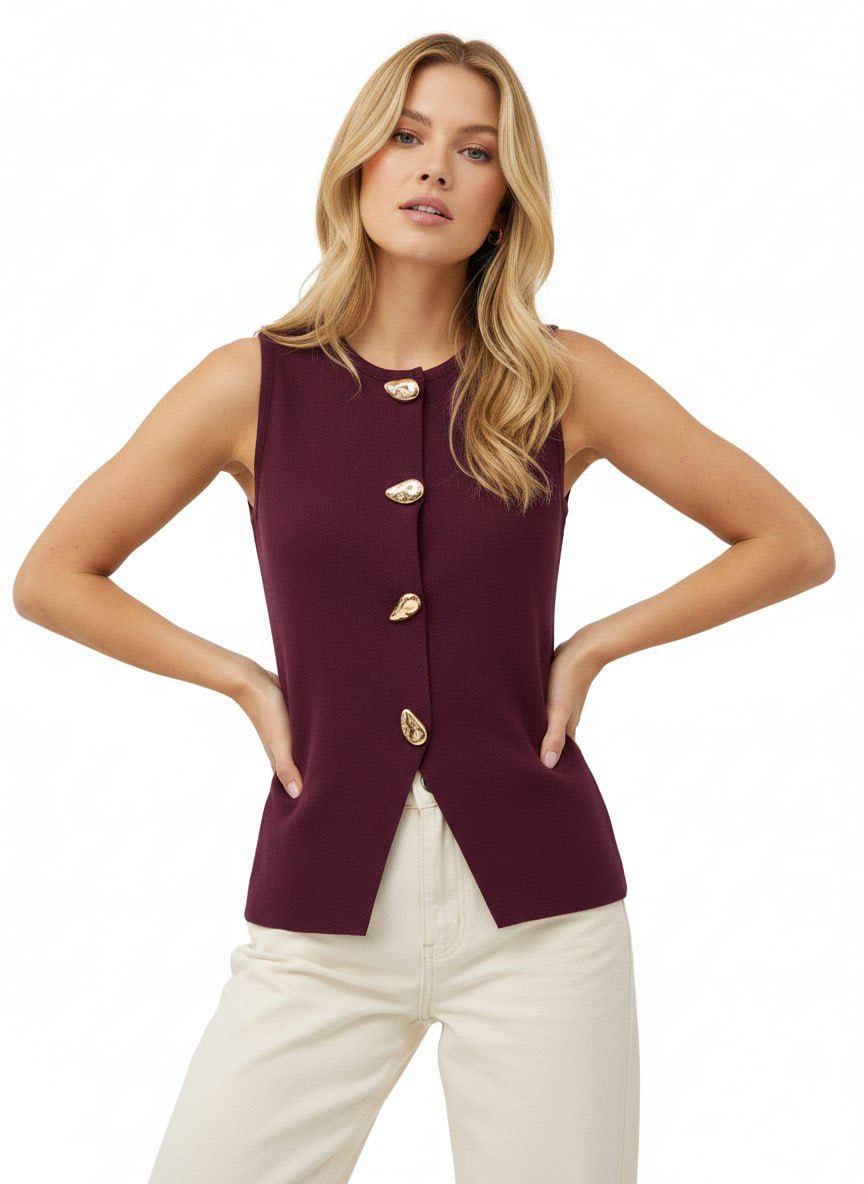 Bordo Gold Button Knit Top