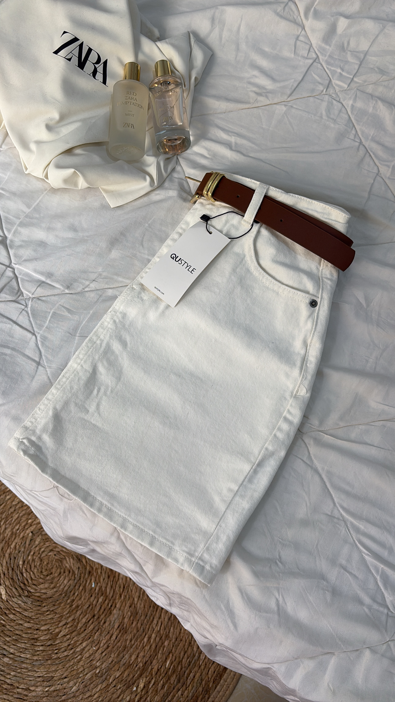 White Denim Mini Skirt with Belt